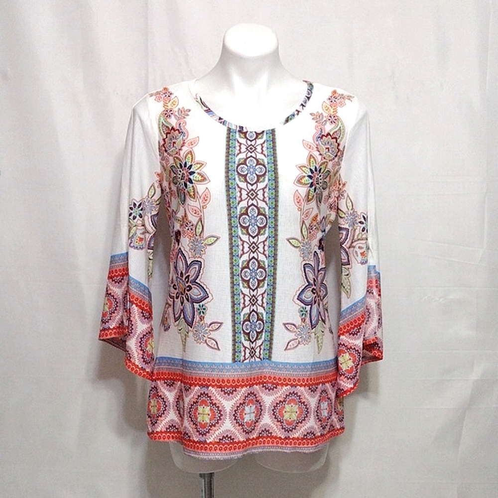 New Directions Floral Boho Blouse Bell Sleeve Cottagecore Peasant Top PM Summer